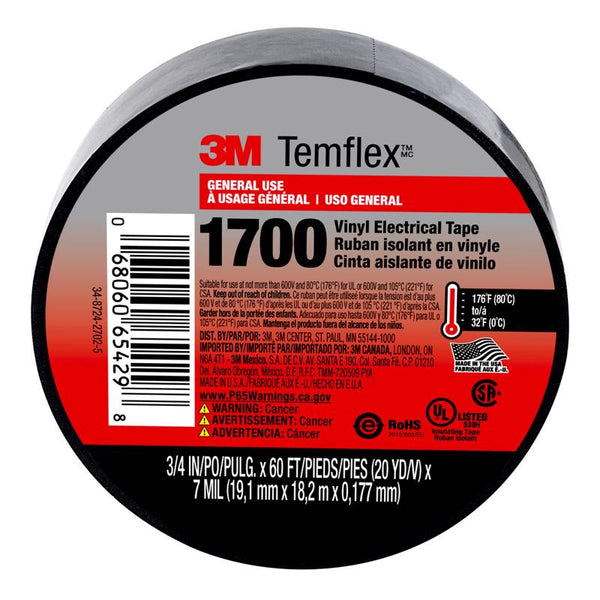 Cinta aisladora de vinilo negra Temflex de 3M de 3/4 pulg. de ancho x 60 pies de largo