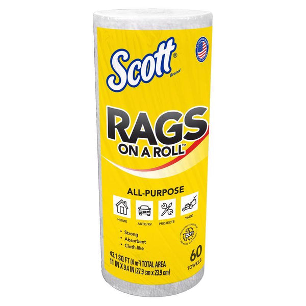 Paño de limpieza Scott Rags On a Roll, 9,4 pulg. de ancho x 11 pulg. de largo, 60 hojas, 1 paquete (paquete de 12)