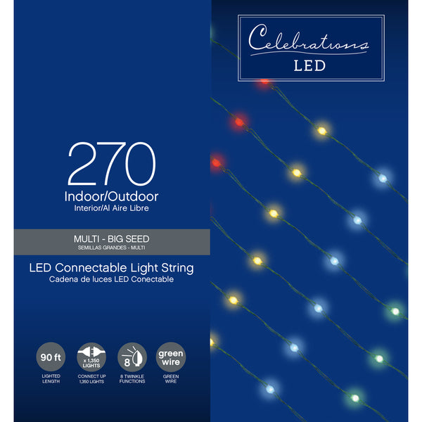 Cadena de luces LED navideñas multicolor con micropuntos/hadas, 270 bombillas, cable verde, 90 pies, para celebraciones