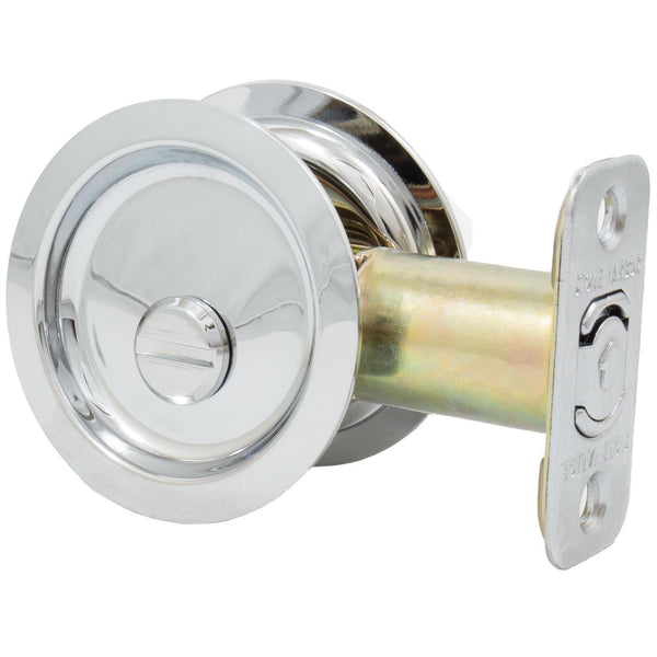 Round Pocket Door Lock, Privacy (Bed/Bath) Latch, 2-3/8" Backset, RCL, Polished Chrome by Stone Harbor Hardware