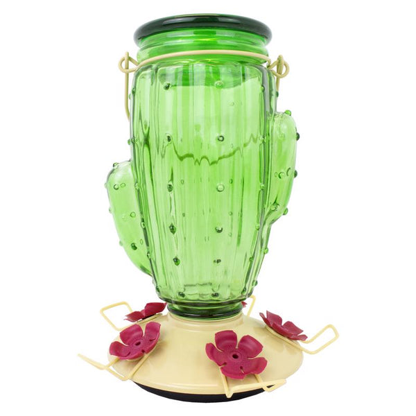 Comedero para pájaros con forma de cactus de vidrio y metal de 32 oz Perky Pet Hummingbird con llenado superior y 5 puertos (paquete de 2)