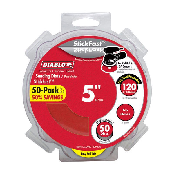 Disco de lijado adhesivo de mezcla de cerámica Diablo StickFast de 5 in, grano 120, fino, paquete de 50