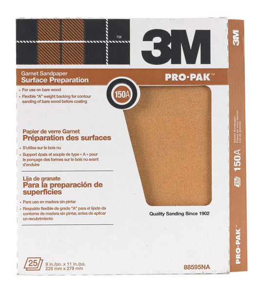 3M 88595NA 9" X 11" 150A Grit Surface Preparation Garnet Sandpaper (Pack of 25)