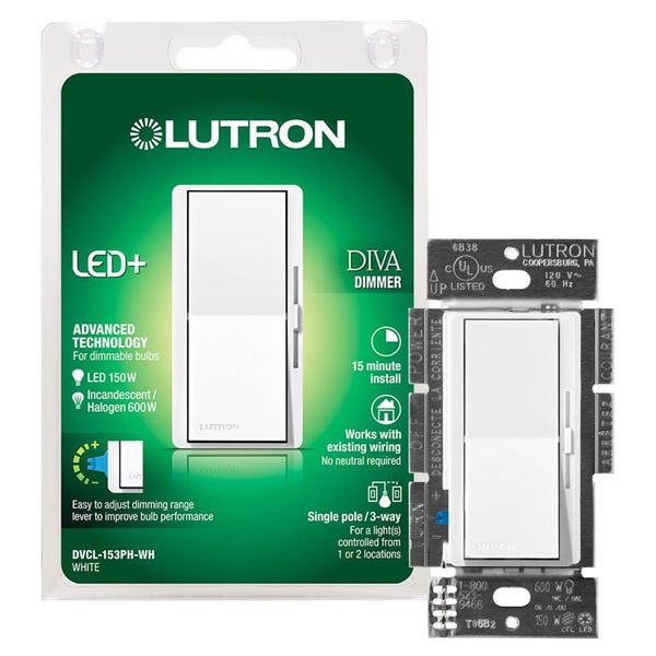 Atenuador basculante/interruptor de paleta Lutron Diva White de 150 W, paquete de 1