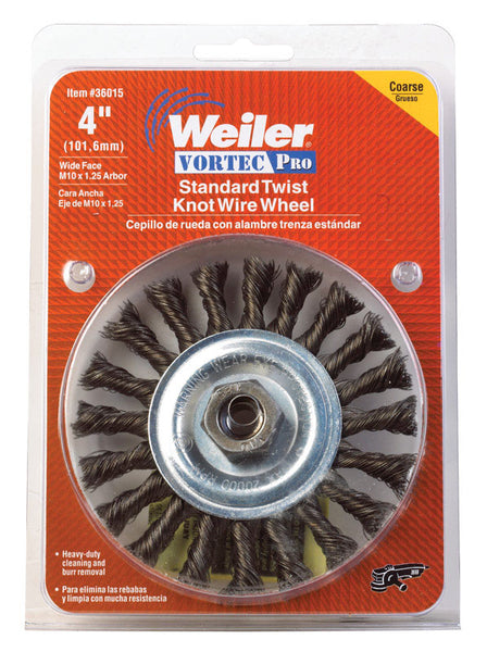 Cepillo circular de alambre trenzado Weiler Vortec Pro de 4 pulgadas, acero al carbono, 20 000 rpm, 1 unidad
