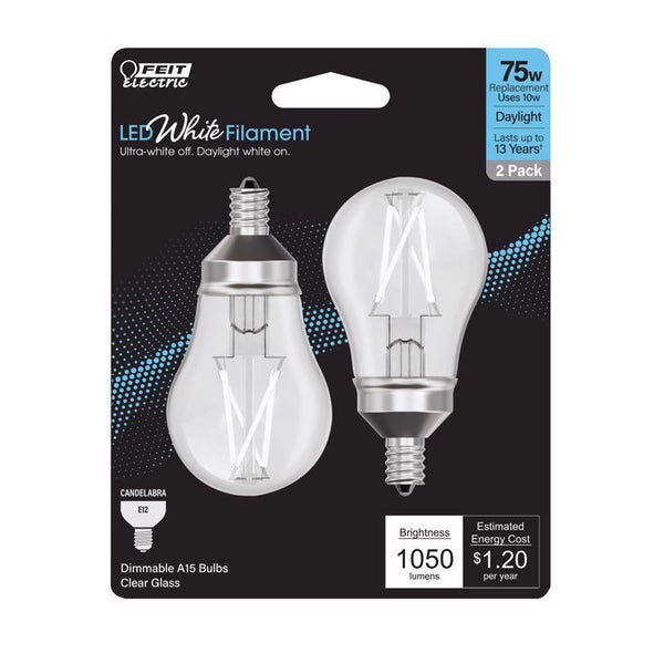 Bombilla LED de filamento blanco Feit A15 E12 (candelabro), equivalente a luz diurna de 75 vatios, paquete de 2