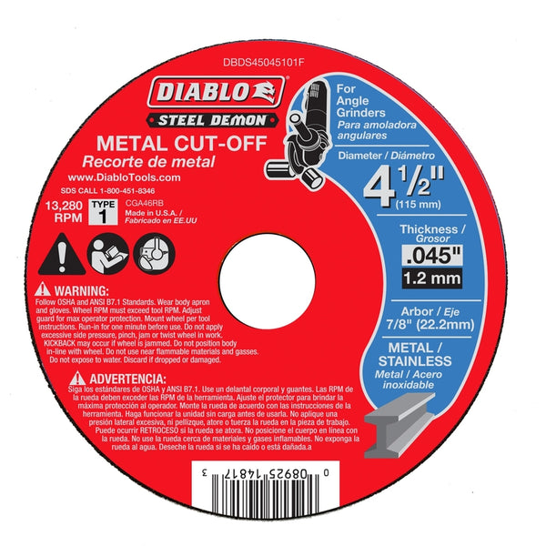 Disco de corte de acero para metal Diablo Steel Demon de 4-1/2 pulg. de diámetro x 7/8 pulg. de espesor, 1 pieza (paquete de 25)