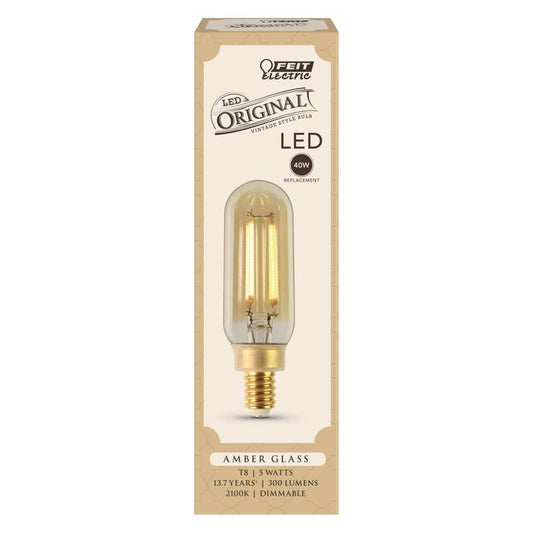 Feit Electric Amber Clear  Vintage T8 E12 Candelabra Base LED Bulb 40W 120V 300 lm. 2100K