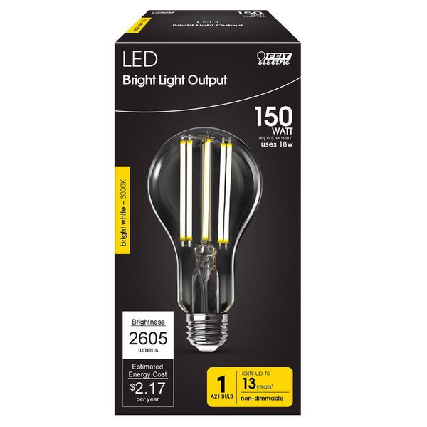 Bombilla LED de filamento Feit A21 E26 (mediana), color blanco brillante, equivalente a 150 vatios, paquete de 1
