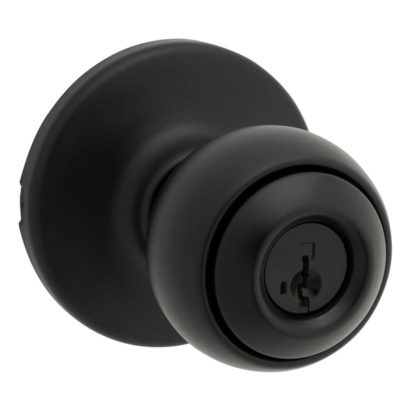 Perilla de puerta de entrada con llave Kwikset Polo Traditional, color negro mate, de 1-3/4 pulg.