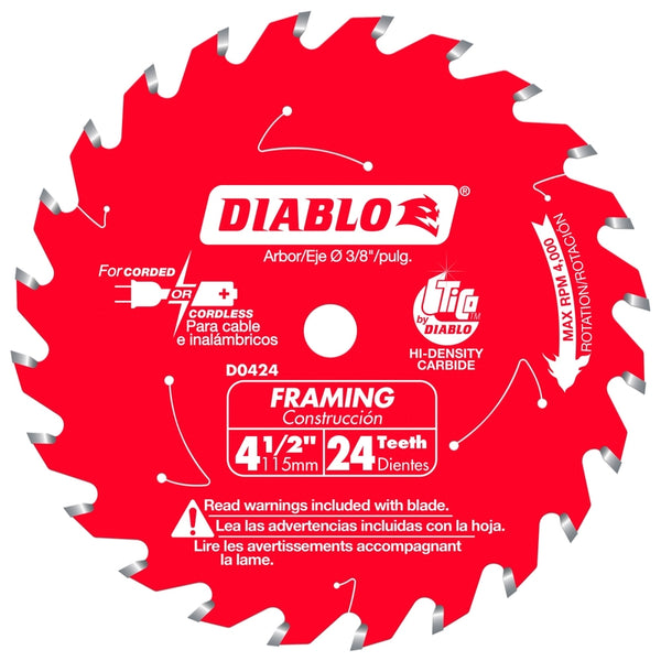 Hoja de sierra para enmarcar de carburo Diablo de 4-1/2 pulg. de diámetro x 3/8 pulg., 24 dientes, 1 paquete