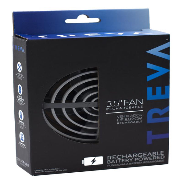Ventilador recargable Treva de 5,25 pulgadas de alto x 3,5 pulgadas de profundidad y 3 configuraciones