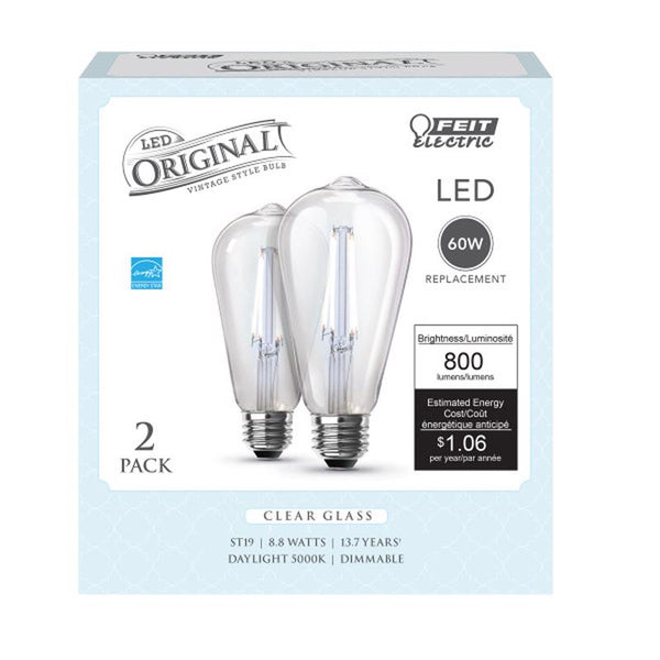 Bombilla LED de filamento Feit ST19 E26 (mediana), luz diurna, equivalente a 60 vatios, paquete de 2