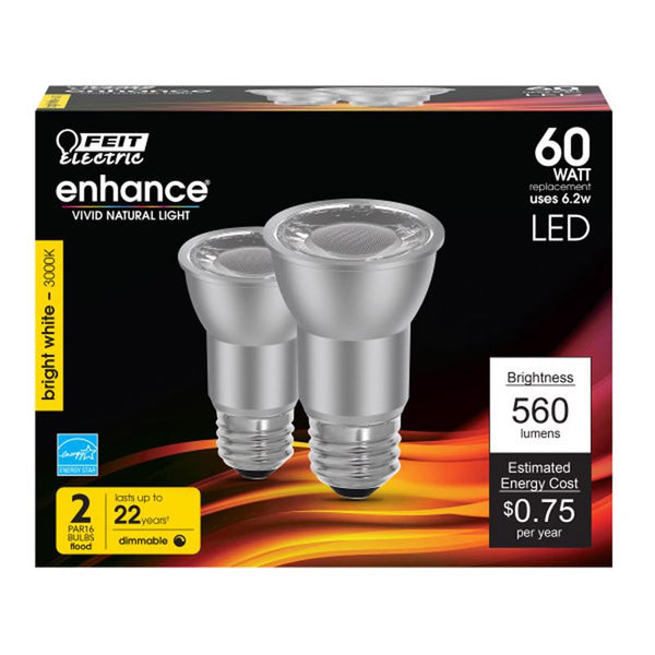 Foco reflector Feit PAR16 E26 (medio), blanco brillante, equivalente a 60 vatios, paquete de 2