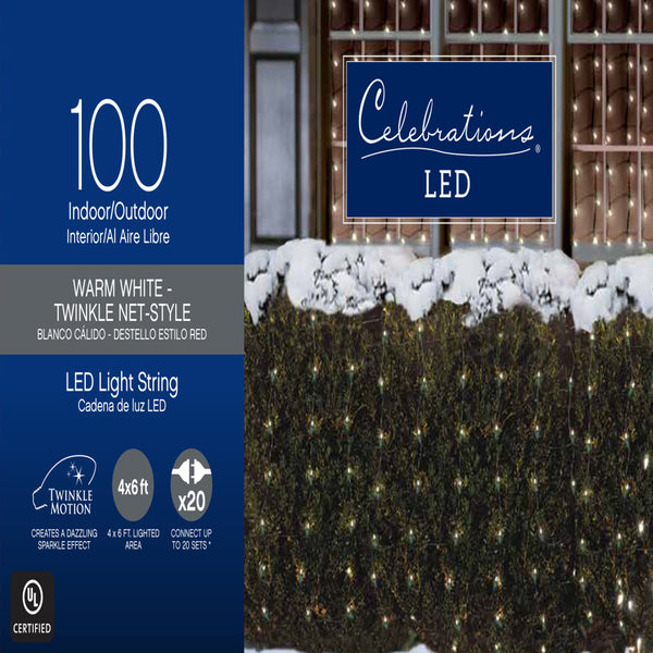 Celebraciones LED blanco cálido 100 unidades de luces navideñas de red de 6 pies.