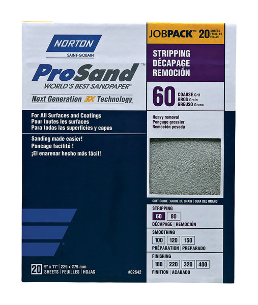 Papel de lija de óxido de aluminio de grano 60 de Norton ProSand de 11 pulg. de largo x 9 pulg. de ancho