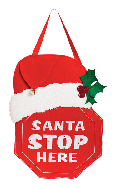 Evergreen Santa Stops Here Door Hanger Red Felt