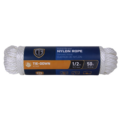 Cuerda de nailon, trenza de diamante, blanca, 1/2 pulg. x 50 pies.