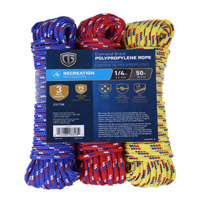 Cuerda trenzada, 1/4 pulg. x 50 pies, paquete de 3.