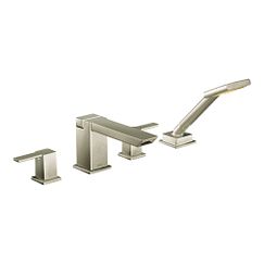 Brushed nickel two-handle high arc roman tub faucet includes hand shower