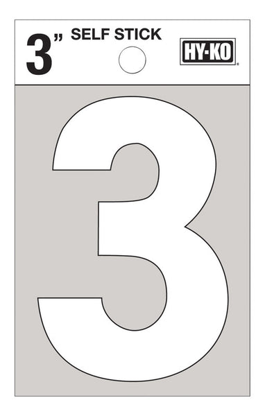 Hy-Ko 3 in. White Vinyl Number 3 Self-Adhesive 1 pc. (Pack of 10)