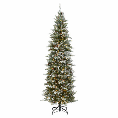 Feel Real Artificial Pre-Lit Christmas Tree, Snowy Morgan Spruce Pencil, Hinged, 1,000 Dual LED Lights, 7.5-Ft.
