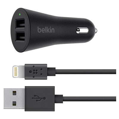 Cargador de automóvil Boost Up de 2 puertos con cable USB-A a Lightning, 4 pies.