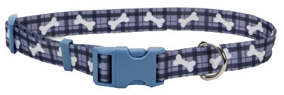 Dog Collar, Adjustable, Plaid/Bone, Nylon, 5/8 x 12-18-In.