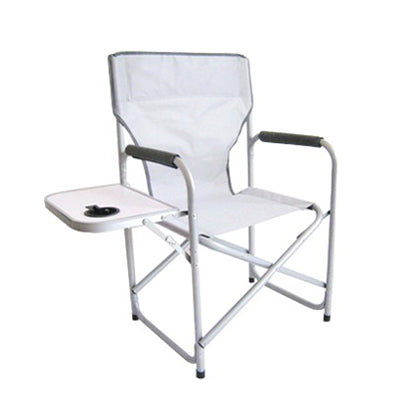 Silla de director con mesa auxiliar, estructura de aluminio gris y tela