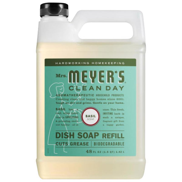 Recambio de jabón líquido para platos con aroma a albahaca Clean Day de Mrs. Meyer, 48 oz, 1 paquete (paquete de 6)