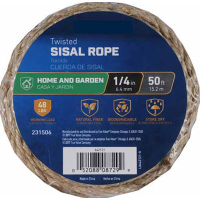 Cuerda de sisal, torcida, 1/4 pulg. x 100 pies.
