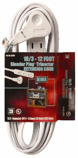 Coleman Cable 35188801 12' 16/3 White SlenderPlug™ Indoor Trinector