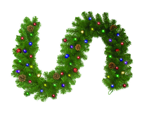 Guirnalda de piñas y adornos preiluminada de Douglas verde de 6 pies de largo y multicolor (paquete de 12)