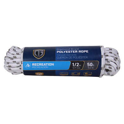 Cuerda de polipropileno, trenza de diamante, blanco/gris, 1/2 pulg. x 50 pies.