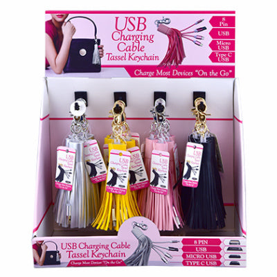 USB Charging Cable Tassel Keychain, Assorted Colors (Pack of 24)