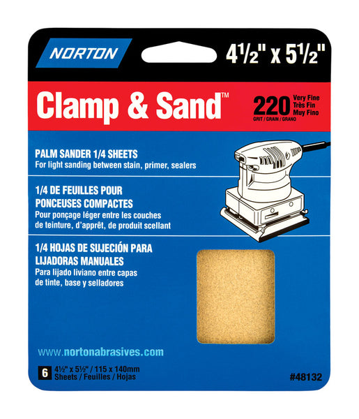 Papel de lija de óxido de aluminio de grano 220 de 5-1/2 pulg. de largo y 4-1/2 pulg. de ancho, 1/4 pulg., paquete de 6, Norton Clamp & Sand