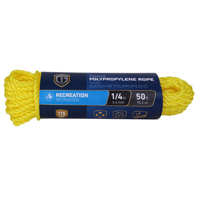 Cuerda de polipropileno, torcida, amarilla, 1/4 pulg. x 50 pies.