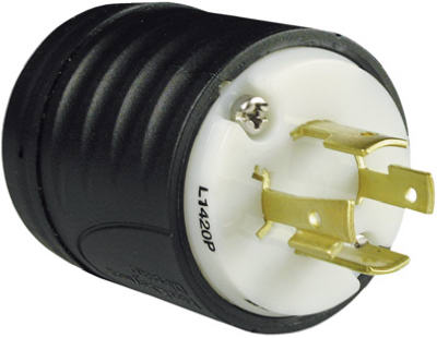 Enchufe con seguro, blanco y negro, 3 polos, 4 cables con conexión a tierra, NEMA L6-30p, 20 A, 125/250 V
