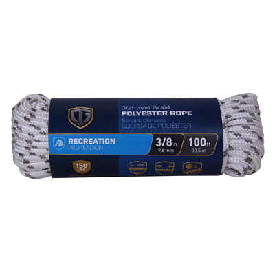 Cuerda de polipropileno, trenza de diamante, blanco/gris, 3/8 pulg. x 100 pies.