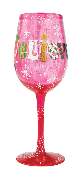 Copa de vino de vidrio soplado artesanal multicolor de 15 oz con la frase "I Still Believe" de Lolita
