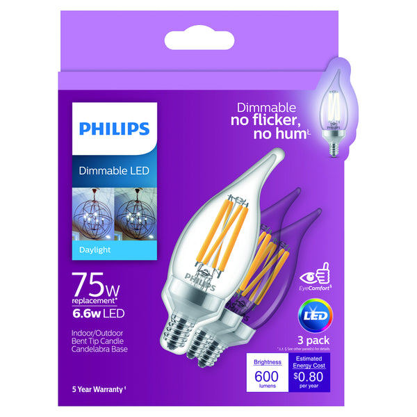 Bombilla LED Philips BA11 E12 (Candelabro), luz diurna, equivalente a 75 vatios, paquete de 3