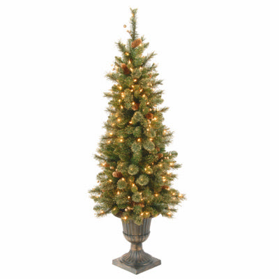 Árbol de Navidad artificial preiluminado, 100 luces transparentes, cerdas doradas con urna marrón oscuro, 4 pies.