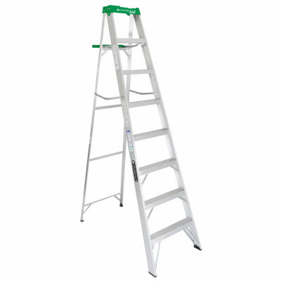 Escalera de tijera, aluminio de servicio medio, patas de goma, 8 pies.