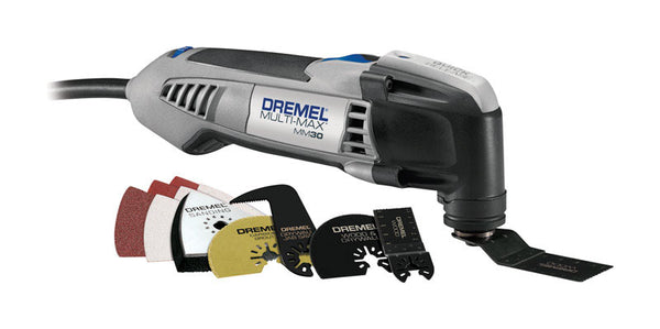 Kit de herramientas oscilantes con cable Dremel Multi-Max de 3,3 amperios y 120 voltios, 23 000 opm, gris, 12 piezas.
