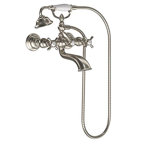 Brushed nickel two-handle tub filler includes hand shower
