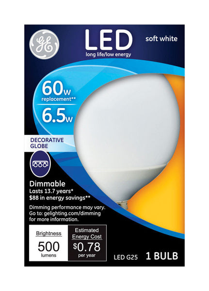GE G25 E26 (Medium) LED Bulb Soft White 60 Watt Equivalence 1 pk