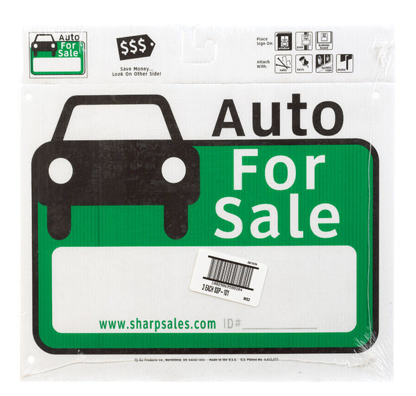Letrero de plástico Hy-Ko "Auto for Sale" de 30,5 cm de alto x 33 cm de ancho (paquete de 3)