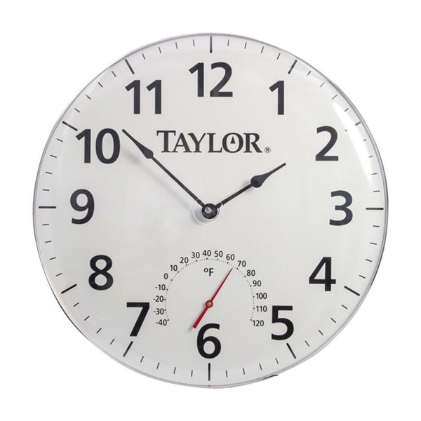 Reloj/termómetro de esfera de metal blanco de 18 pulgadas de Taylor