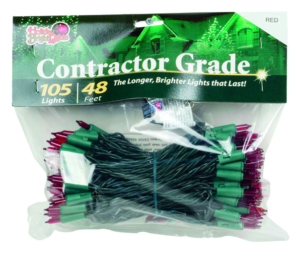 Juego de luces incandescentes para contratistas Holiday Bright Lights, rojo, 48 pies, 105 luces, cable verde