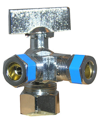 3 Way Valve, Quarter Turn, Chrome, 5/8-In. O.D. Compression Inlet x 3/8-In. Compression x 3/8-In. Compression Outlet
